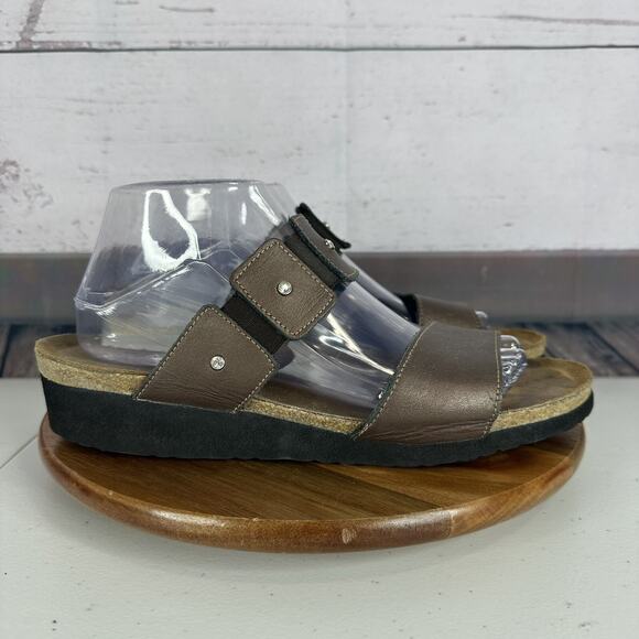 Naot Sandal Womens 11 Brown Leather Rhinestone Ashley Slip on Cork Wedge Shoe - Picture 1 of 12